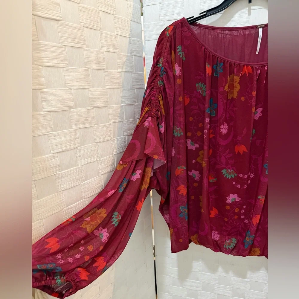 Free People Boho Floral Balloon Sleeve Blouse Burgundy Peasant Top Size M